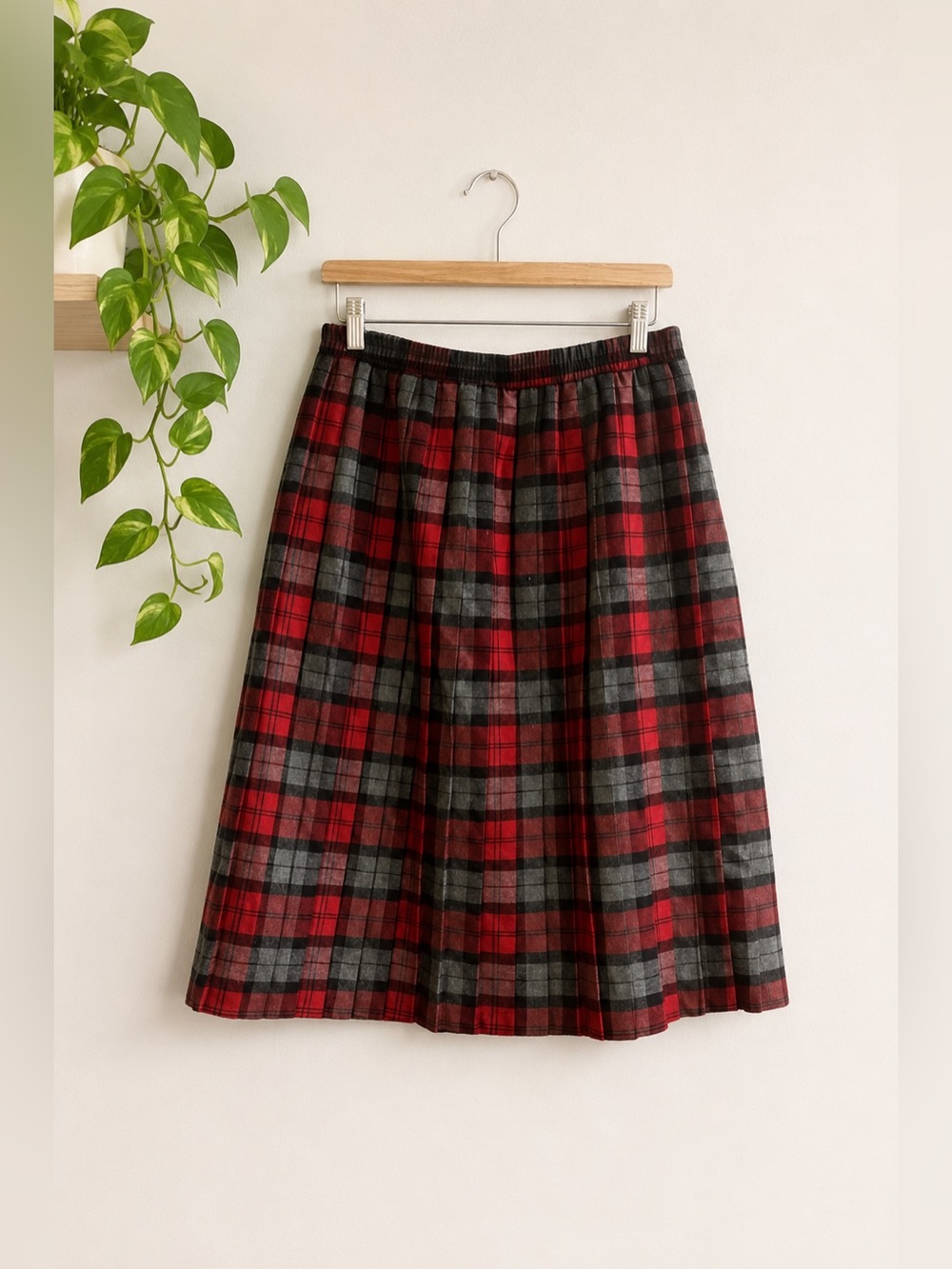 Vintage Fairset Red Gray‎ Plaid Midi Skirt Preppy Academia Collegiate Wool Blend
